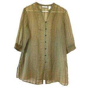 JH Collectibles Sheer Tunic Toggle Button Green Metallic Gold Stripes 1X Formal